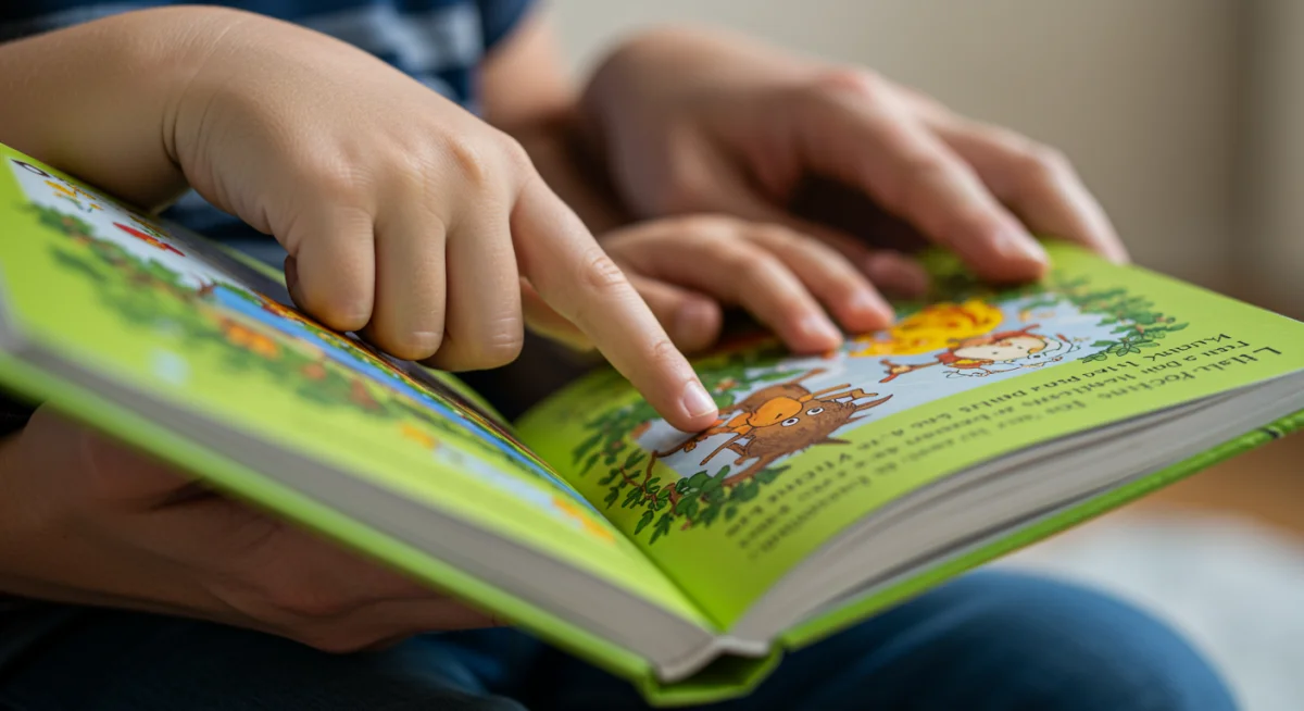 Child's hands holding a book with an adult guiding