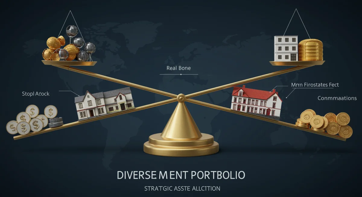 Diversified investment portfolio with various asset classes balanced on a scale, representing strategic allocation.