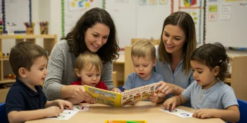 Parents and children engaged in early literacy activities in a classroom setting
