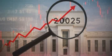 Financial graph showing rising interest rates and a magnifying glass over 2025, symbolizing future economic changes.