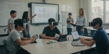Students and teacher engaging with diverse educational technologies in a bright US classroom, showcasing future learning.
