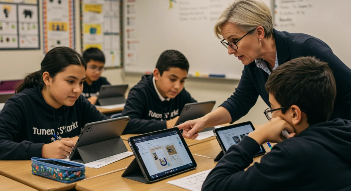 Teacher guiding students using personalized learning platforms on tablets in a US classroom.