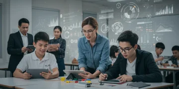 Students engaging with technology and collaborative projects in a modern K-12 classroom, representing future learning.