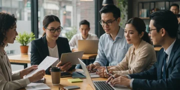 Small business owners discussing growth strategies with financial advisor