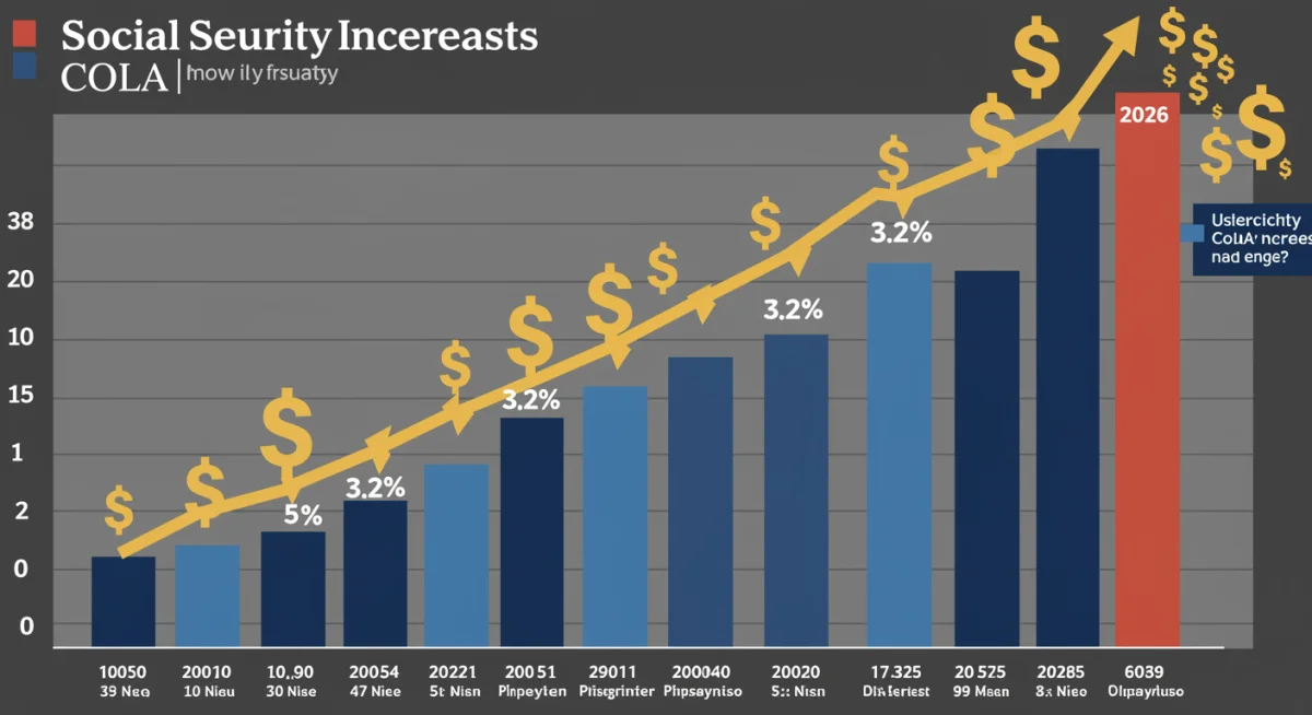 Infographic showing historical Social Security COLA trends and the 2026 projected increase.