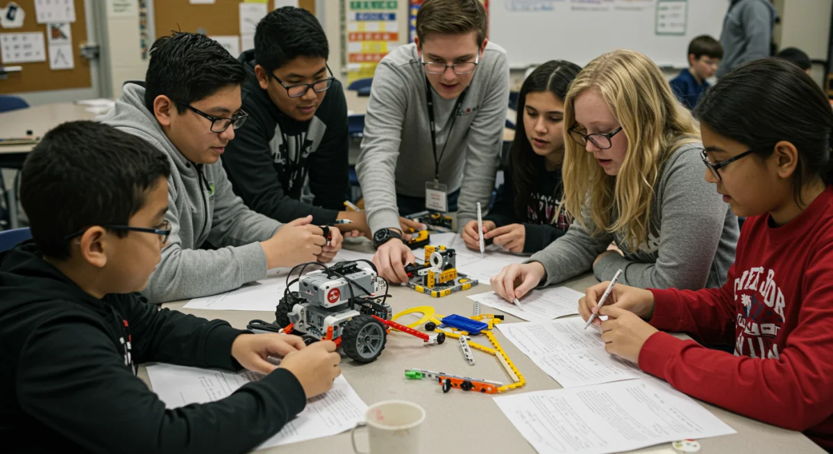 K-12 students collaborating on a hands-on project, showcasing practical application of knowledge.