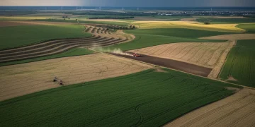 Aerial view of diverse crop fields under a changing sky, reflecting climate impact on agriculture.