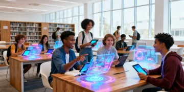 College students studying together in a modern library with advanced technology