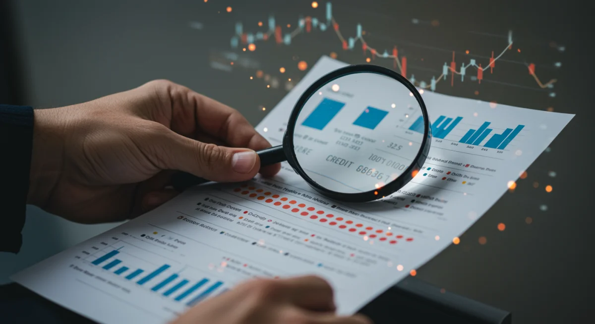 Credit score report with magnifying glass, indicating good financial health