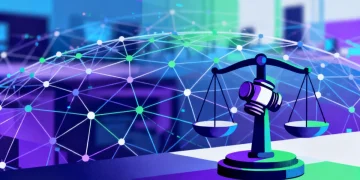 Stylized graphic of interconnected internet lines with a gavel, representing FCC's proposed net neutrality rules and policy debate.