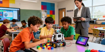Children building a robot in a modern STEM classroom, symbolizing future education.