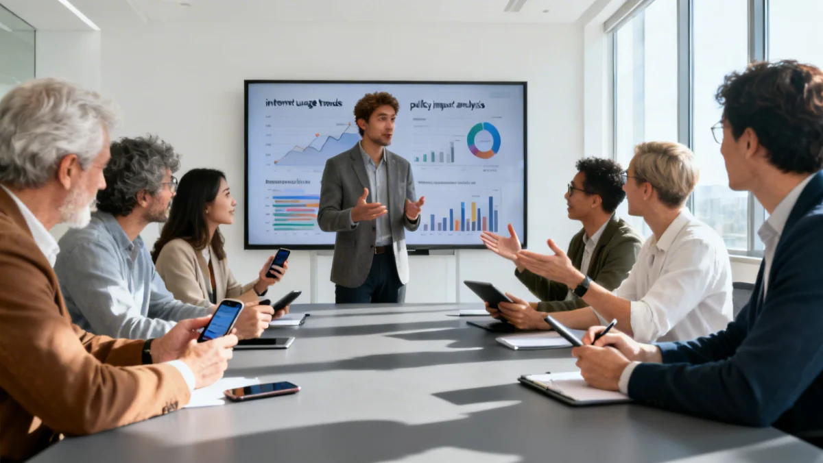People discussing internet policy in a meeting room, symbolizing the diverse stakeholders and ongoing debate surrounding net neutrality.