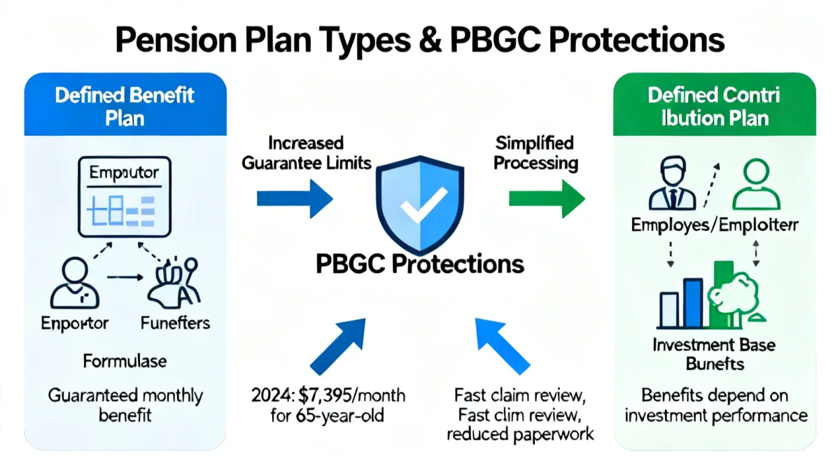 Infographic showing various pension plan types and PBGC's role in defined benefit plan protection.