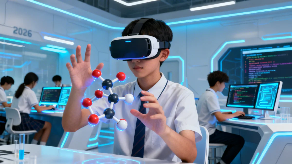Student using VR for molecular modeling in a futuristic STEM lab.