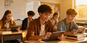 High school students preparing for the 2026 Digital SAT on tablets.