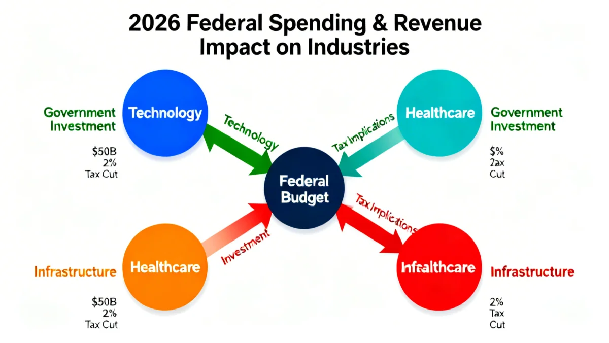 Infographic showing economic sectors affected by 2026 federal budget spending and tax policies.