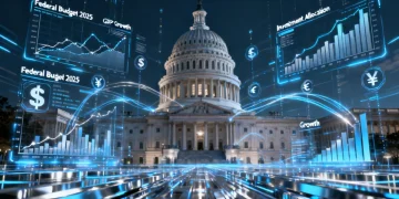 Futuristic US Capitol with financial data overlay, representing the 2026 federal budget's economic influence.