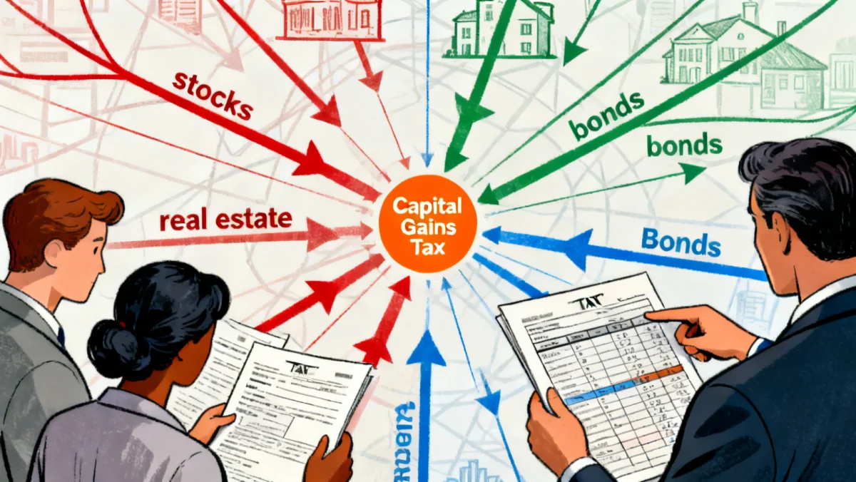 Complex financial web illustrating various investment types and their interaction with capital gains tax changes