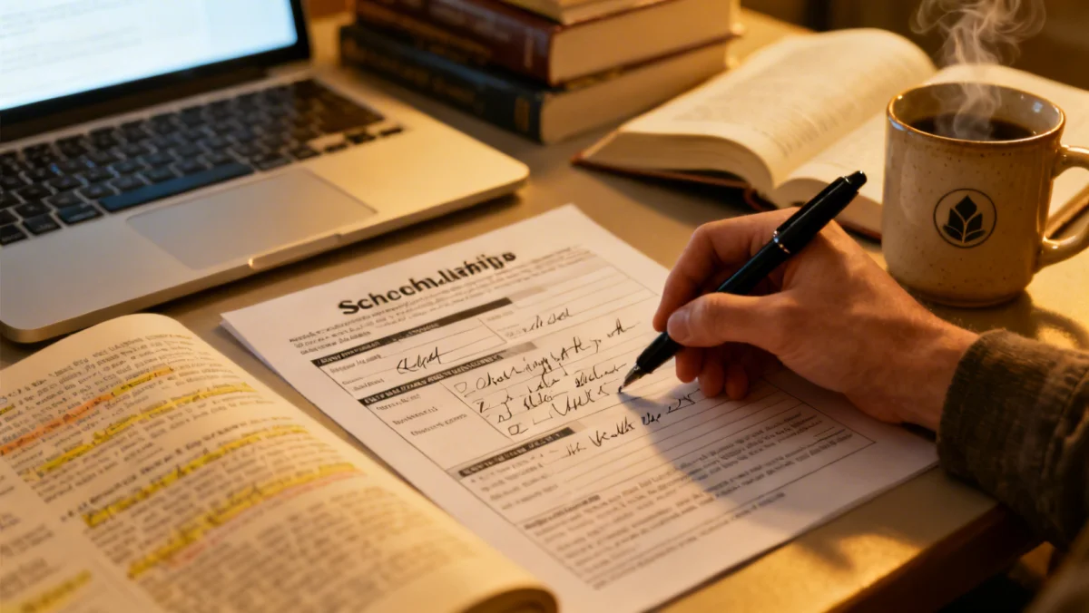 Student actively researching scholarship application details