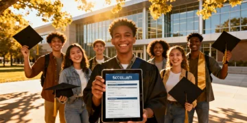 Diverse US undergraduate students celebrating graduation with scholarship applications