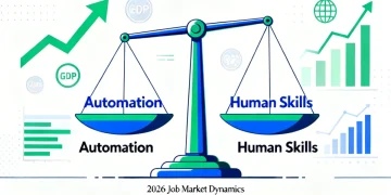 Graphic illustrating the balance between automation and human skills in the future job market.