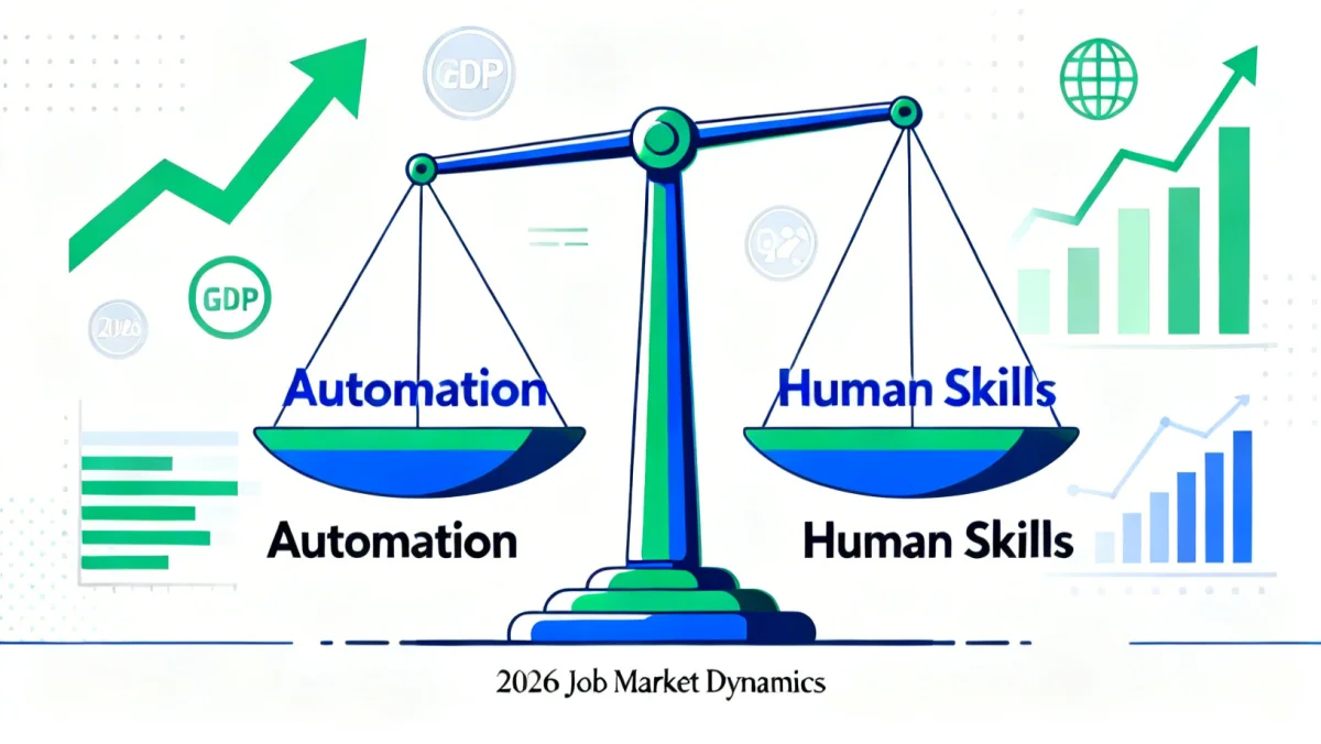 Graphic illustrating the balance between automation and human skills in the future job market.