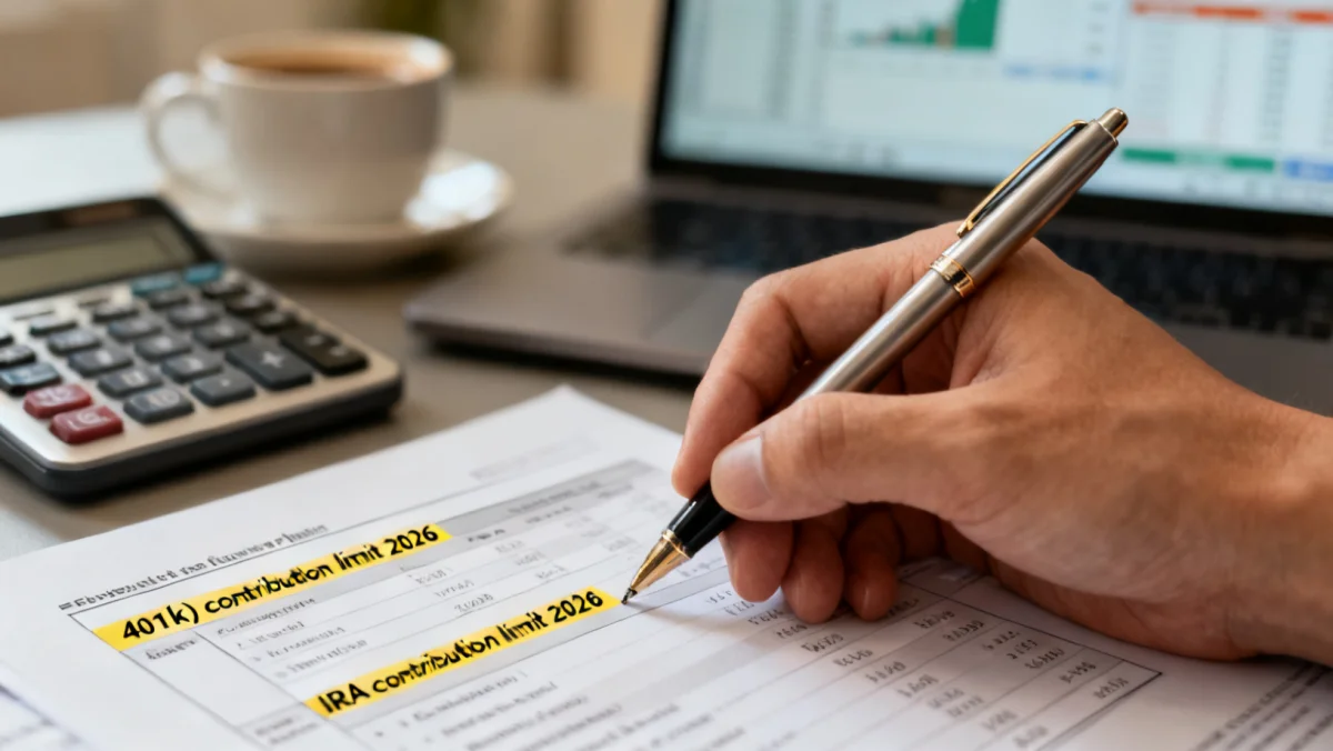 Hand with pen over retirement planning document showing 2026 contribution limits