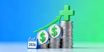 Growing stack of coins with medical cross and dollar sign, representing HSA financial benefits in 2026.