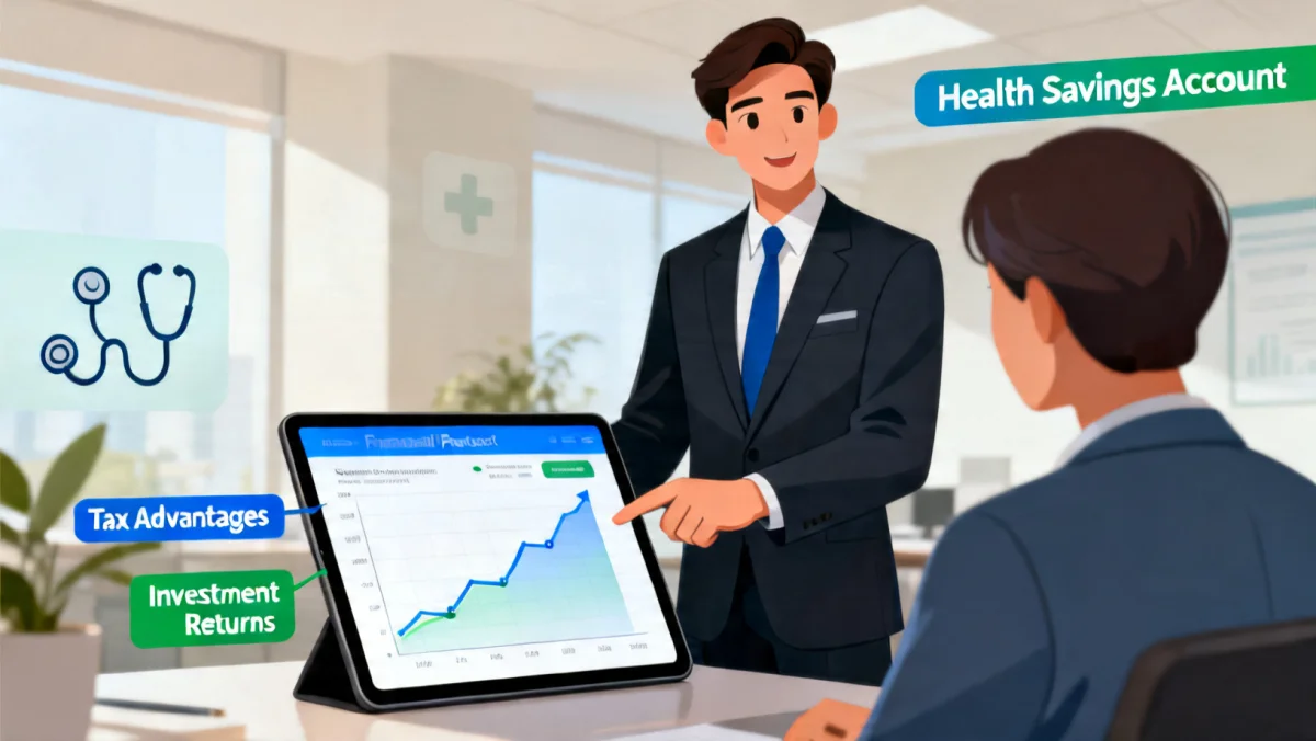 Financial advisor explaining HSA long-term investment benefits on a tablet to a client.