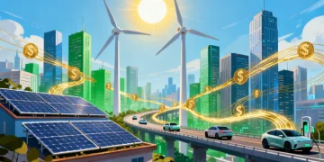 Solar panels and wind turbines with financial graphs, symbolizing renewable energy investment growth.