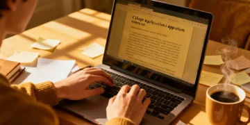 Student writing a college application essay on a laptop, focusing on detailed prompts and personal reflection.