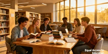 Diverse students studying in a library after federal aid increase