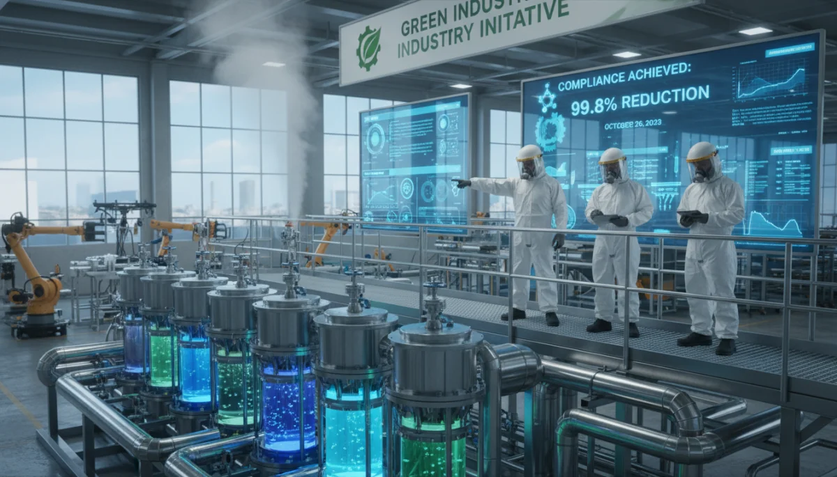 Engineers monitor emissions control technology in a factory, adapting to new EPA standards.