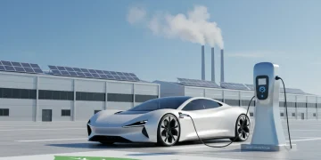 Electric vehicle charging near industrial plants, symbolizing EPA's 2026 emissions standards impact.