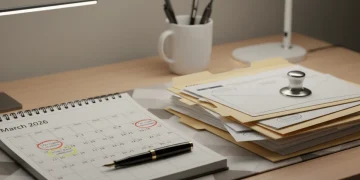 Calendar with 2026 dates and documents for unemployment benefit planning