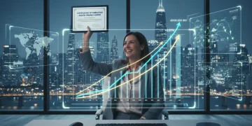 Professional achieving career success with high-value certification in a digital age, showing financial growth.