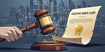 Gavel on 'Executive Order 14008' document, symbolizing legal impact on federal contracts.