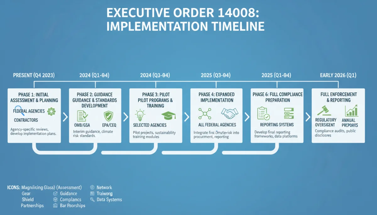 Infographic showing timeline and key milestones for Executive Order 14008 implementation.