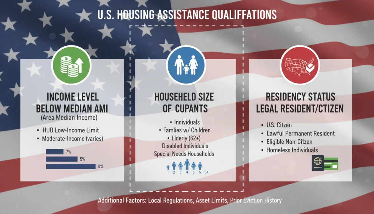 Infographic detailing qualification criteria for housing assistance programs 2026, including income and residency.