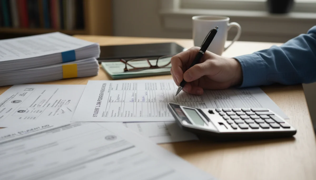 Hand filling out student loan forgiveness application form