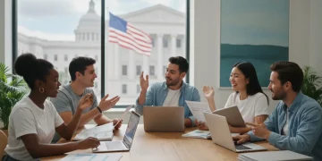 Students discussing finances with laptops, symbolizing student loan relief