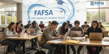 College students reviewing FAFSA documents on laptops