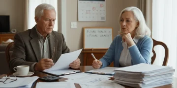 Senior couple reviewing healthcare cost projections for 2026 retirement.