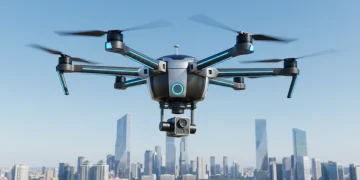 Advanced drone flying over a city skyline, symbolizing new FAA regulations.