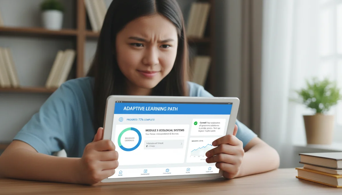 Student using an AI adaptive learning platform on a tablet for personalized education.