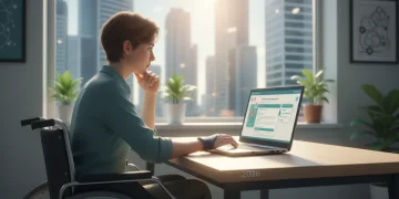 Person with disability applying for benefits online, showing hope and determination.