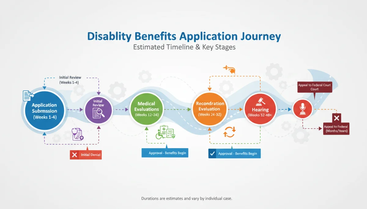 Disability benefits application timeline illustration with key stages.