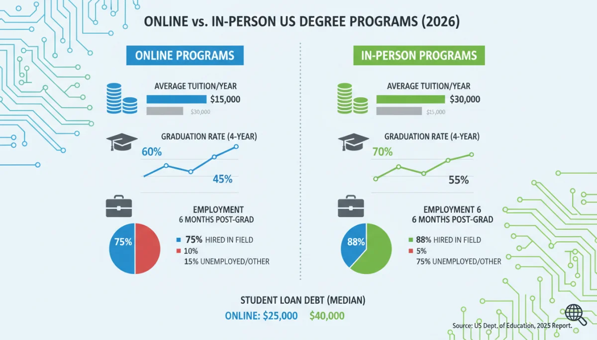 Infographic comparing tuition costs, graduation rates, and employment outcomes for 2026 online and in-person degree programs in the US.