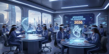 Students engaging with virtual reality and holographic technology in a modern classroom setting, illustrating future US education technologies.