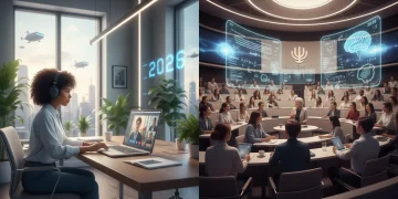 Split image comparing online learning with a student on a laptop and in-person learning with students in a lecture hall for 2026 US education.